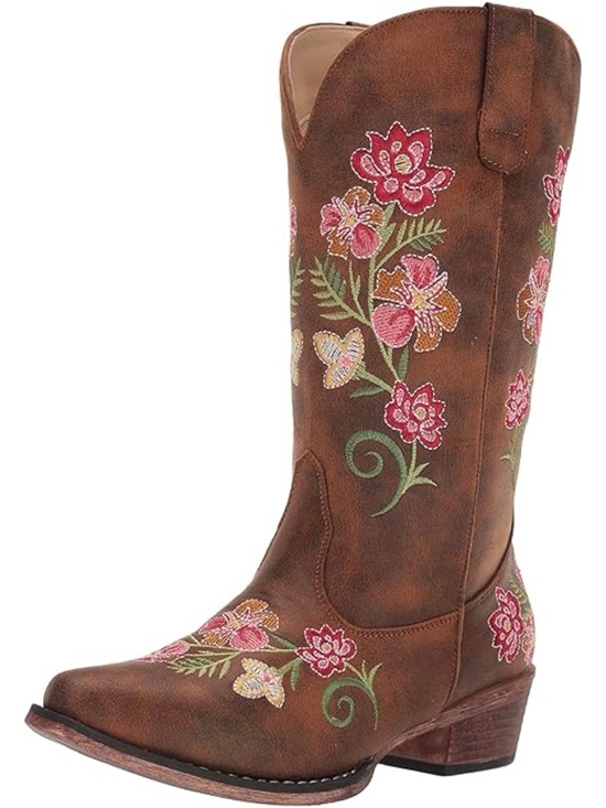 Roper Shoes - ROPER Womens Riley Floral Embroidered Snip Toe Casual Boots Mid Calf Low Heel